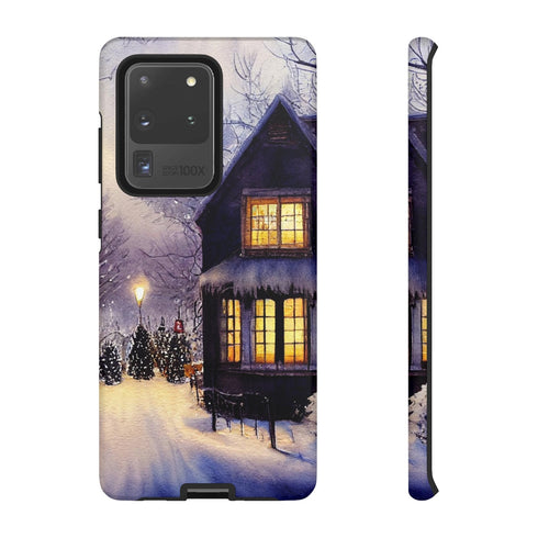 Glowing Homes in the Snow with Christmas Decorations - Impact Resistant Phone Case Samsung Galaxy S20 Ultra Matte